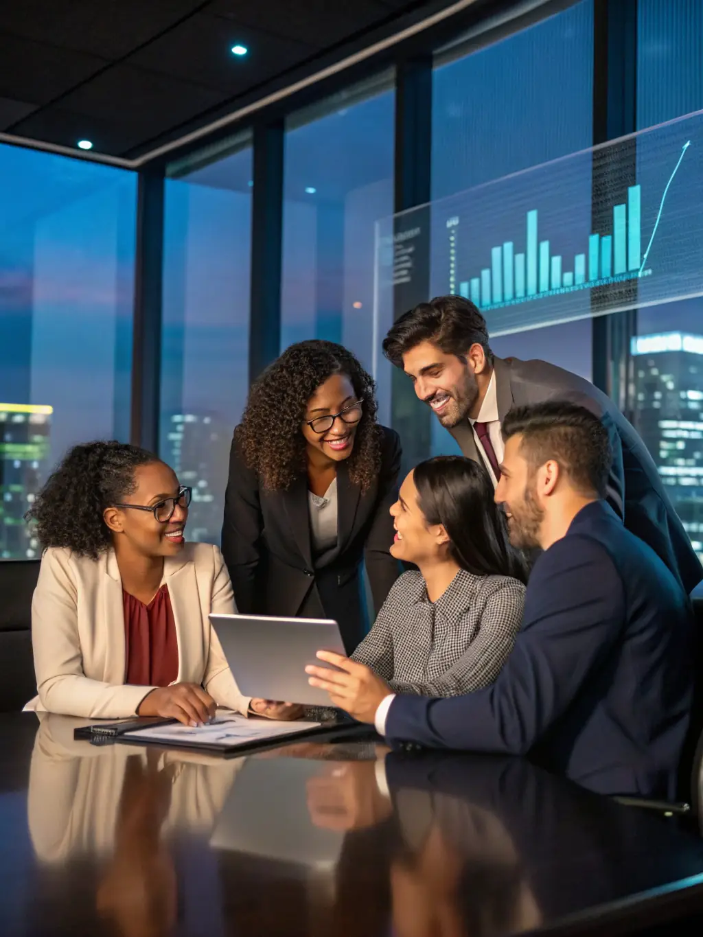A diverse group of South African investors analyzing market data on tablets and laptops, showcasing a modern approach to investment.