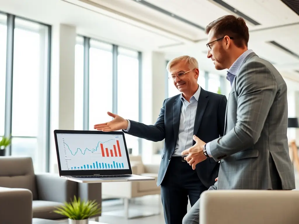 A professional consultant is advising a client in a modern office setting, discussing investment options with charts and graphs displayed on a screen, emphasizing a personalized approach to financial planning.